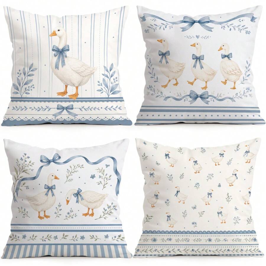 4pcs/1pc French Blue & White Goose Pattern Pillow Covers Without Inserts, Single-Sided Printed Cushion Cases, Suitable For Living Room Bedroom Home Decor, All Season Use - Multicolor - View 1