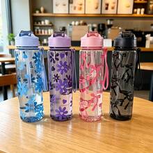 1pc 750ML Floral Bow Large Capacity Water Cup, Fresh Highly Attractive Design, With Straw And Handle, Portable, Suitable For Travel And Gatherings, One-Click Pop-Up Lid - Multicolor - View 1