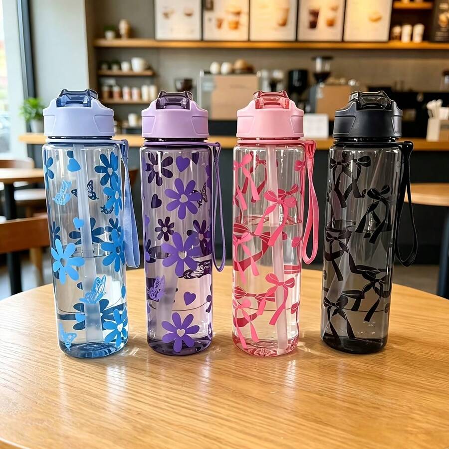 1pc 750ML Floral Bow Large Capacity Water Cup, Fresh Highly Attractive Design, With Straw And Handle, Portable, Suitable For Travel And Gatherings, One-Click Pop-Up Lid - Multicolor - View 1