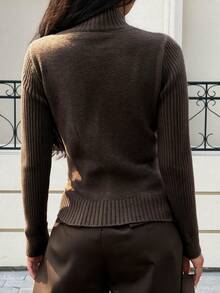 Sookaug Dark Brown High Neck Knitted Sweater Women Autumn Winter Slim Fit Base Layer Top, Flattering Versatile Long Sleeve Pullover, Ribbed Knit Regular Fit Top, Suitable For Autumn Winter Outfits - Brown - View 8