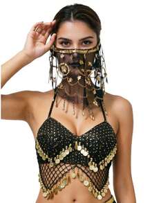 Mesh Hollow Coin Pendant Neck Top, Beaded Floral Tassel Veil, Suitable For Bar, Dance Party, Middle Eastern Exotic Dance Performance, Multiple Colors Available - Multicolor - View 14