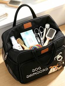 "DOG GROOMING" Printed Pet Grooming Tool Storage Bag With Dog Pattern, Large Capacity Handheld Pet Supplies Bag. Side Mesh Pockets Can Hold Combs, Scissors, Deshedding Tools And Other Pet Grooming Supplies. Portable And Convenient, Suitable For Home Storage Of Pet Grooming Supplies, Carrying During Pet Walks And Grooming, Cat And Dog Grooming Supplies Organizer Storage Bag. - Multicolor - View 3