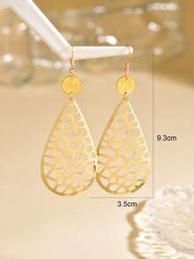 1 Pair Gold Hollow Teardrop Dangle Earrings Bohemian Style Exaggerated Atmosphere Ear Jewelry Suitable For Women Dating Beach Vacation Daily Wear - Gold - View 4
