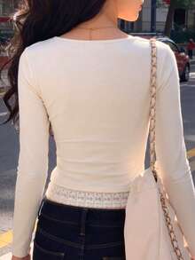 Minimalist Sexy Sexy Girl Autumn Faux Two Pieces Button Lace Patchwork Long Sleeve Simple Versatile Inner Layer Base Top - Apricot - View 3