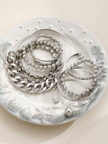 5/10pcs Fashion Minimalist Exaggerated Old Money Style Layered Vintage Design Chunky Chain & Beaded Bracelet Set For Women, Suitable For Vacation, Date, Party, Ball, Banquet, Holiday, Birthday Gift, Daily Wear - Silver - View 6