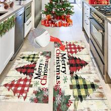 1pc Christmas Series Distressed Wooden Board Plaid Christmas Tree Pattern Printed Faux Cashmere Surface TPR Bottom Door Mat, Bathroom Mat, Kitchen Mat, Laundry Room Mat, Holiday Atmosphere Decor, Home Decor, Party Decor, Wedding Decor, Dining & Kitchen Decor - Multicolor - View 5