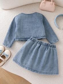 Autumn/Winter Baby Girl Cute Daisy Flower Denim 2-Piece Set & Round Neck Long Sleeve Jacket Versatile Pleated Skirt Outfit - Light Wash - View 8