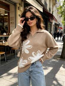 Women's Fashion Jacquard Knit Polo Collar Sweater, Floral Pattern, Long Sleeve Regular Fit Loose Pullover, Suitable For Autumn/Winter Daily Wear - Khaki - View 1