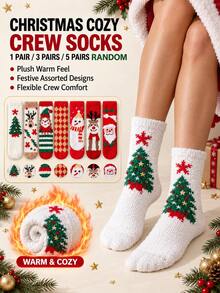 1/3/5 Pairs, Random Festive Designs,Women's Christmas Fuzzy Crew Socks, Cozy Plush Winter Lounge Socks, Holiday Stocking Stuffers - Multicolor - View 1