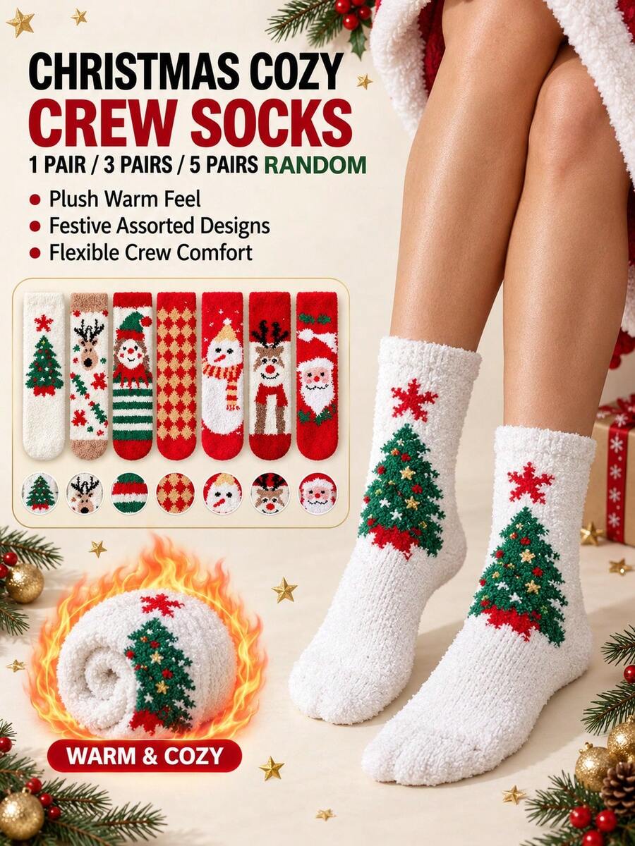 1/3/5 Pairs, Random Festive Designs,Women's Christmas Fuzzy Crew Socks, Cozy Plush Winter Lounge Socks, Holiday Stocking Stuffers - Multicolor - View 1