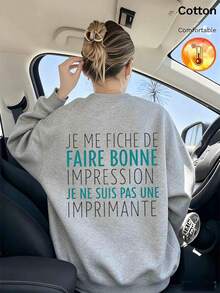 2026 Autumn/Winter Custom Loose Fit Heather Gray Fleece-Lined Pullover Sweatshirt For Women, Letter Print, Minimalist Casual Style - Flower Gray - View 10