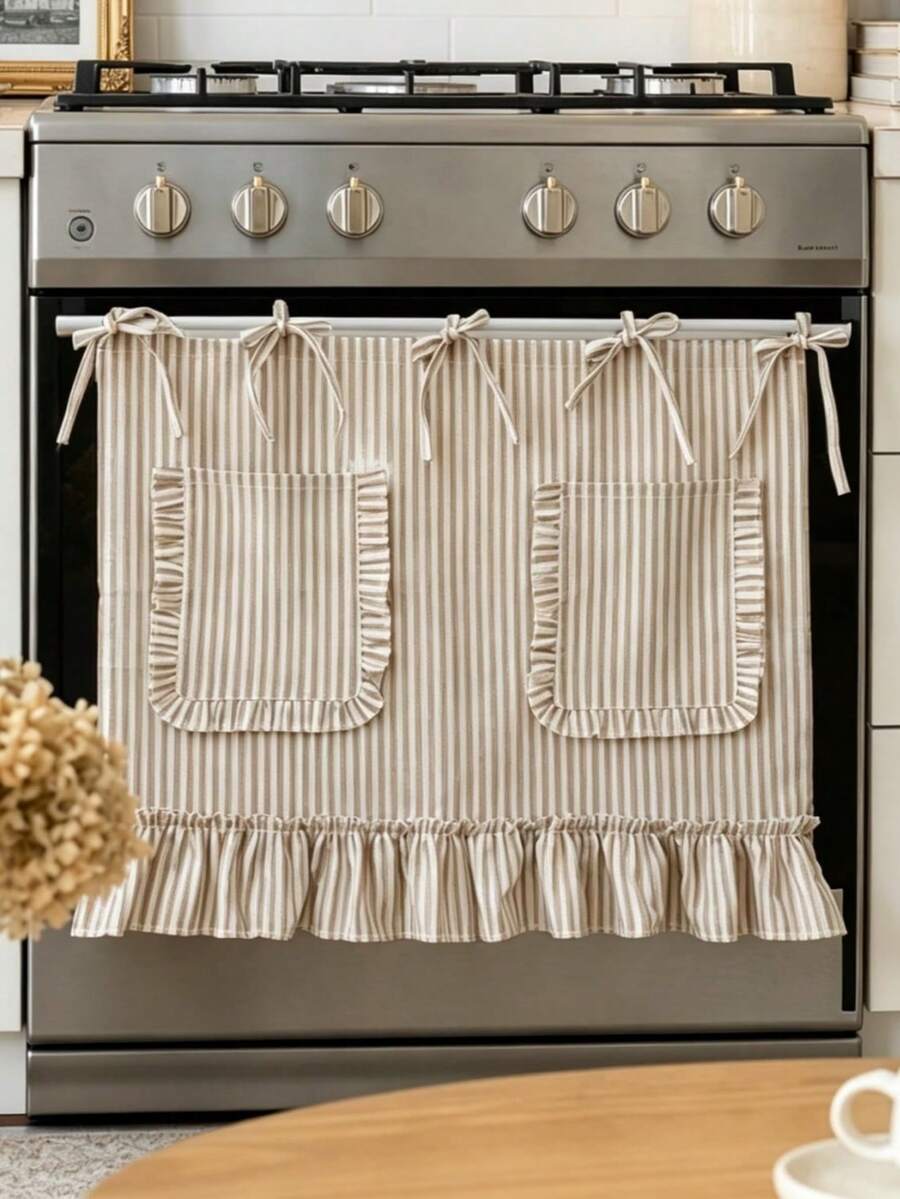 1pc Farmhouse Style Oven Skirt Curtain, Elegant Striped Pattern With Storage Pocket Design, Bottom Ruffle Trim, Tie-Top Linen Coffee Curtain Valance, Suitable For Kitchen Bathroom Window Privacy Cover And Closet - Light Brown - View 1