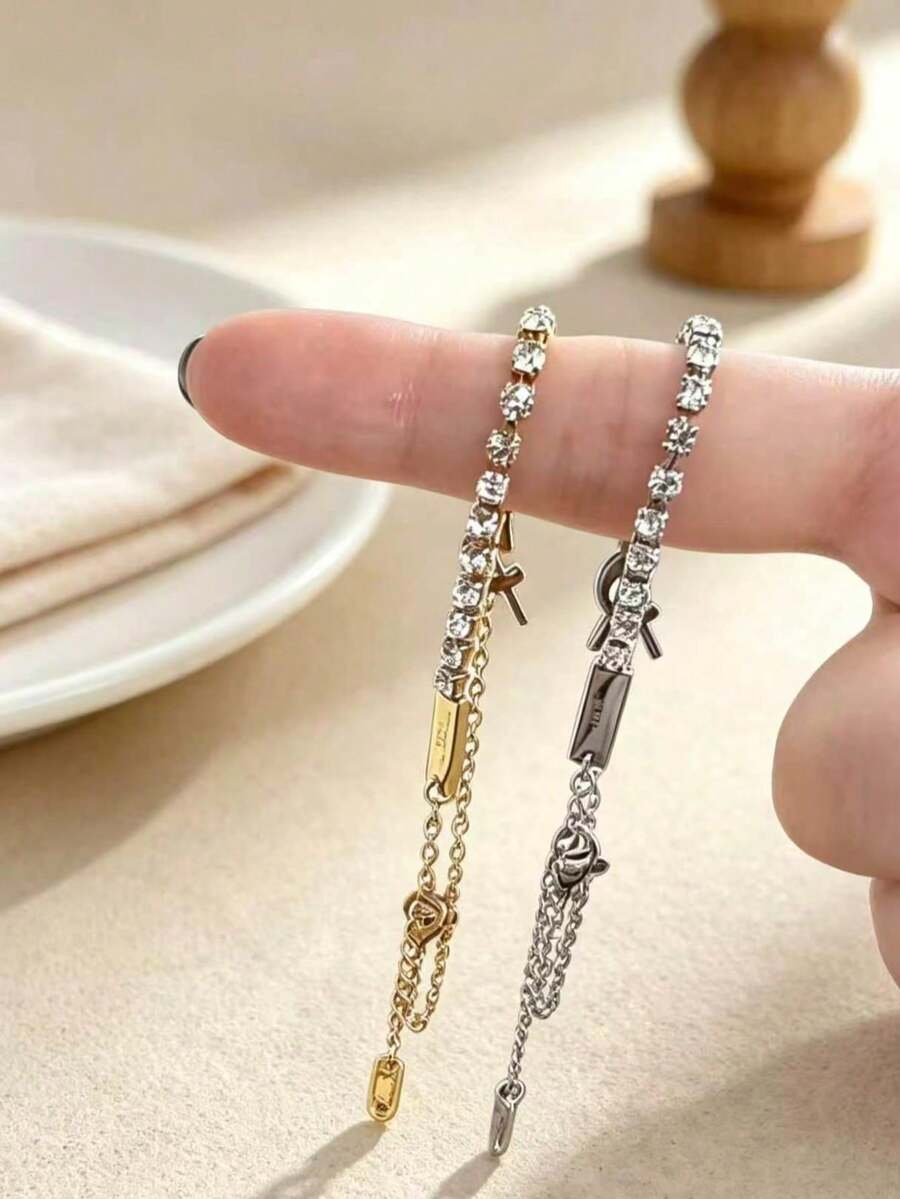 1pc Luxury Rhinestone Double Layer Chain Bracelet, Fully Inlaid Crystal Y, S Letter Pendant, Unique Niche Jewelry, Street Style Accessory, Suitable For Daily Wear And Party Occasions - Y-letter Tennis Bracelet - View 1