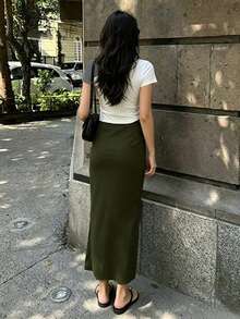 橄欖綠修身長直筒裙，女款時尚聚酯纖維休閒派對裙，百搭可愛，適合日常穿著、夏季度假、海灘、音樂節與夏日假期 - 軍綠色 - 查看 2