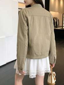 女款時尚立領夾克，附斜口袋 - 軍綠色 - 查看 6