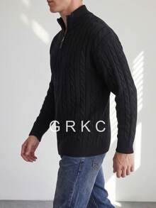 GRKC 男士半拉鍊立領寬鬆版型復古休閒毛衣 秋冬款 - 黑色 - 查看 3