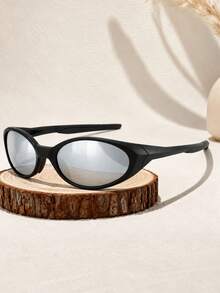 Men's Fashion Glasses, Black Wrapped Oval Narrow Frame, Silver Mirrored Lens, Streamlined Face-Hugging Design, Y2K Techwear Style, Streetwear Outfit - Multicolor - View 4