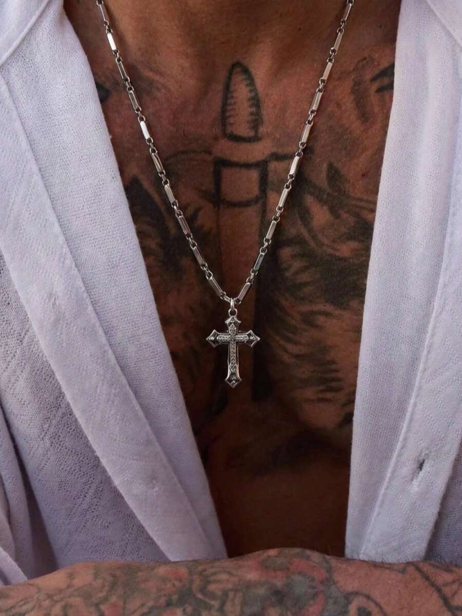 1pc High Quality Rhinestone Cross Pendant Necklace, Hip-Hop Style Titanium Steel Zirconia Silver Color Men's Jewelry, Suitable For Party, Music Festival, Concert And Daily Wear - Silver - View 1