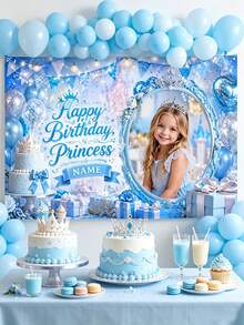 客製化照片生日背景布，客製化照片與姓名「Happy Birthday Princess」派對橫幅背景，適合精緻藍色公主主題生日派對，個性化藍色公主主題派對裝飾，完美的生日派對背景，兒童生日派對裝飾，兒童派對用品 - 彩色 - 查看 6
