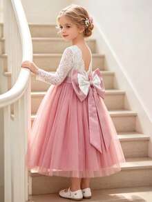 Young Girl Long Sleeve Lace Contrast Mesh Detachable Big Bow Flower Girl Wedding Party Evening Gown - Rusty Rose - View 6