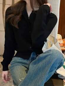 Knitted Cardigan Sweater Autumn/Winter Round Neck Solid Color Top - Black - View 4