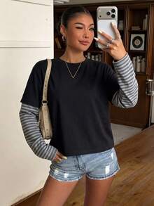 Vintage Striped 2 In 1 Long Sleeve T-Shirt Women's Autumn Inner Layer Base Top Design - Black - View 2