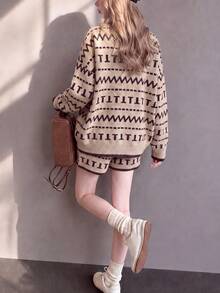Women's New Vintage Style Beige Winter Sweater Set, Printed Pattern, 2 Pieces Set, Suitable For Autumn Wear - Brown - View 2