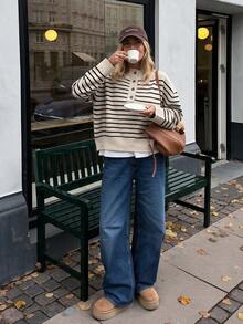NOVELLE Women's Elegant Casual Striped Long Sleeve Knit Sweater, Loose Layering Style Button-Up Cardigan Pullover, Suitable For Dates, Gatherings, - Khaki - View 2