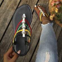 Women's Summer Bohemian Braided Rhinestone Roman Flat Sandals, Casual Vacation Style Versatile Shoes - Black - View 5