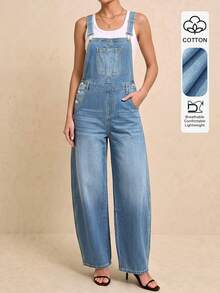 Women's Washed Denim Overalls Casual Long Jumpsuit, Multi-Button Detail Adjustable Non-Stretch Fabric - Medium Wash - View 2