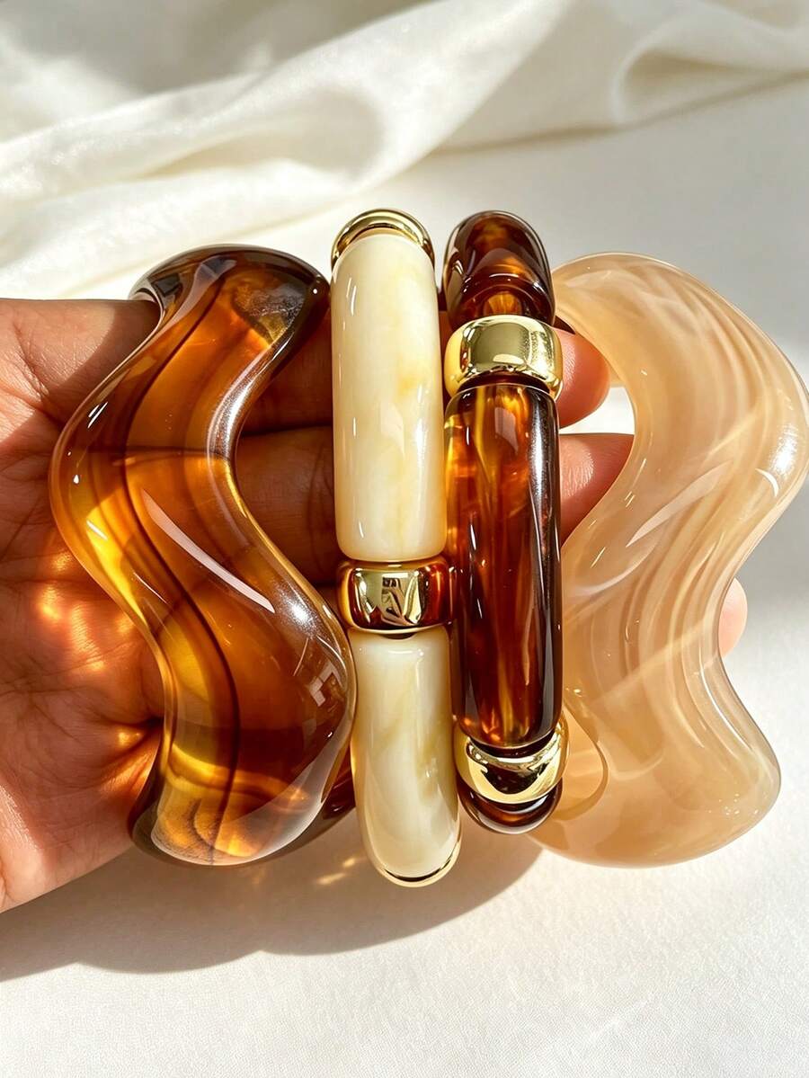 4/1pc Set Vintage Minimalist Casual Style Wavy Resin Bracelet And Acrylic Elastic Bracelet Set Suitable For Daily And Vacation Wear - Multicolor - View 1