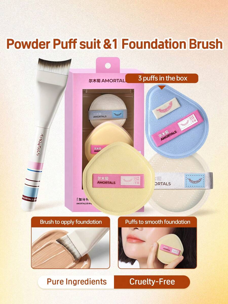 Amortals 4pcs Makeup Tool Set, Teardrop & Pear Shaped Foundation Puff And Round Setting Powder Puff, With Curved Foundation Brush, Soft Skin-Friendly Dry & Wet Dual Use, Suitable For Base Makeup & Setting, Popular Makeup Accessories