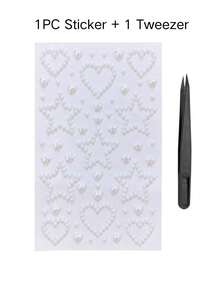 1pc/1set Pearl & Rhinestone Combination Decorative Stickers, Comes With Exclusive Tweezers, Heart & Star Shapes, 3D Embossed Texture, Self-Adhesive Backing, Decoration Patches For Phone, Earphones, Laptop, - Heart and Star - View 9