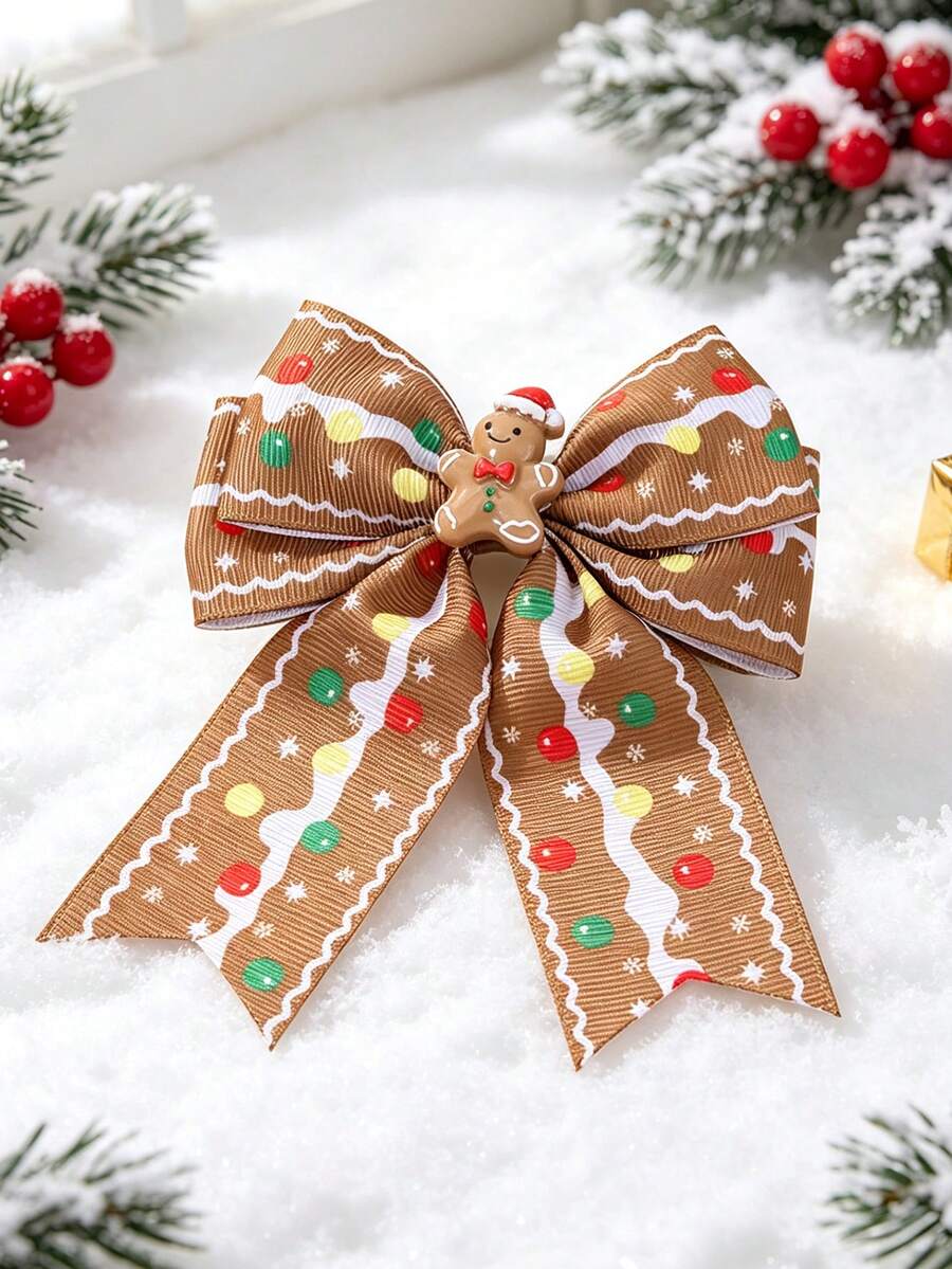 1pc Brown Christmas Hair Clip, Fabric Gingerbread Man Long Tail Bow, Cute Girl Hair Accessory, Birthday Party Gift, Winter Daily Wear - Multicolor - View 1