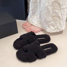 Women's Black Flat Open Toe Fuzzy Slippers, Autumn/Winter New Style, Low Heel Plush Slippers, Lightweight Comfortable Warm Fuzzy Slip-On Open Toe Open Back Slippers - Black - View 6