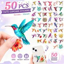 50pcs Watercolor Hummingbird Floral Stickers, Transparent PET Bird Flower Decals, Fresh Botanical Nature Sticker Pack, Waterproof DIY Decor For Journal Notebook Laptop Phone Scrapbook Planner, Christmas Gift For Sticker Lovers - Multicolor - View 1