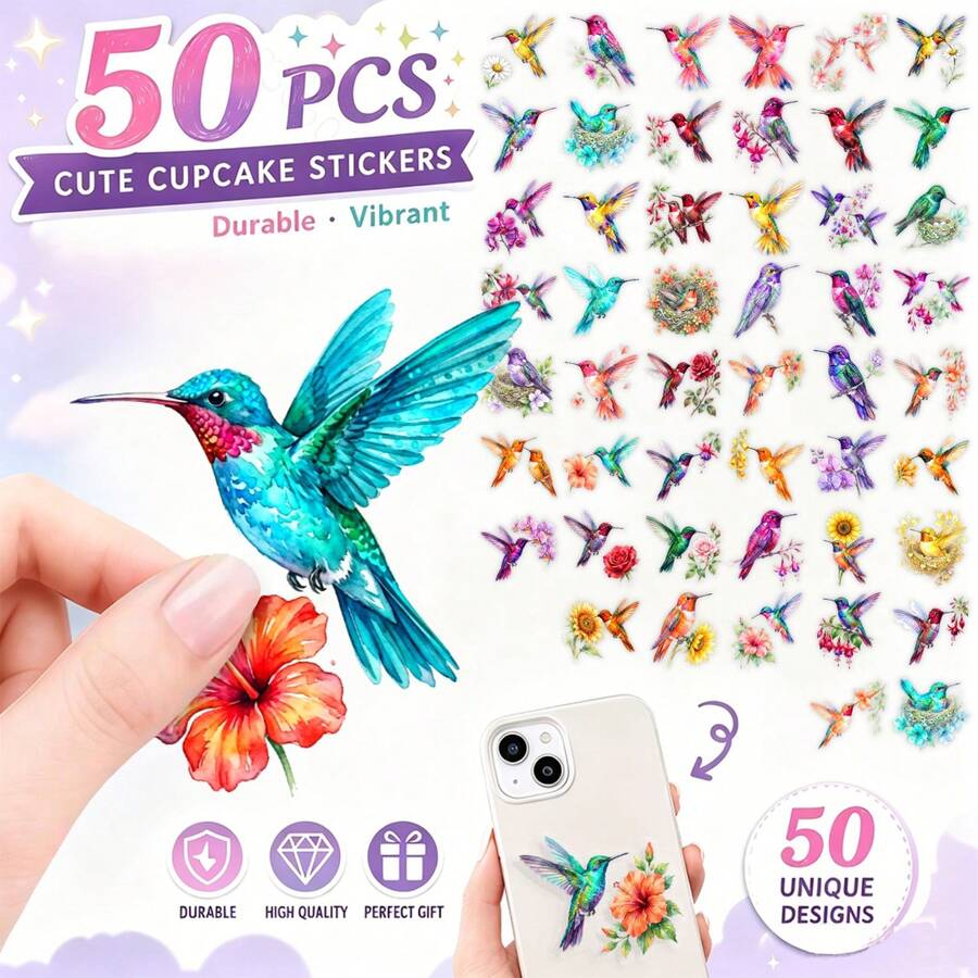 50pcs Watercolor Hummingbird Floral Stickers, Transparent PET Bird Flower Decals, Fresh Botanical Nature Sticker Pack, Waterproof DIY Decor For Journal Notebook Laptop Phone Scrapbook Planner, Christmas Gift For Sticker Lovers - Multicolor - View 1