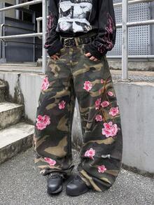 Infinite Jeans 1pc American Street Fashion Men's Patchwork Double Waist Distressed Ripped Embroidered Denim Jeans Loose Comfortable Wide Leg Pants All Season Versatile Denim Long Pants (Product Does Not Include Belt And Accessories) - Green - View 7