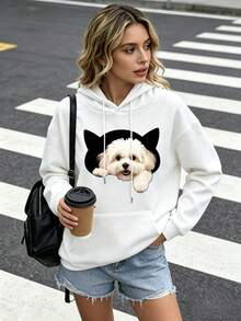 Sweet Cartoon Pet Print Hoodie, Relaxed Long‑Sleeve Top, Casual For Weekend Holiday, Fall‑Winter - White - View 4