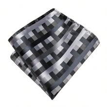 5Pcs Men Grey Plaid Bow Tie Pocket Square Cufflinks Ring Boutonniere Set, Cufflinks Pattern Random For Wedding Business Party - Grey - View 5