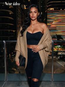 New Idea Women Khaki Batwing Sleeve Knit Cardigan, Diamond Pattern Open Front Sweater Coat For Dinner Party - Khaki - View 3
