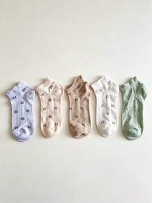 5 Pairs Assorted Women's Cute Floral Embroidered Ruffle Ankle Socks, Soft Breathable Lightweight Pastel Color Socks For Casual Daily Wear In Spring And Summer - Multicolor - View 7