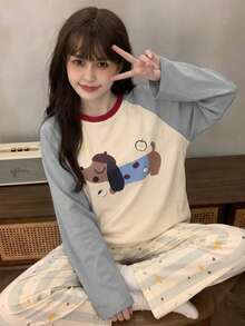 2pcs Women's Pajama Set, Pullover Round Neck Puppy Print Cute Childlike Long Sleeve Pants, Comfortable For Home Wear - Multicolor - View 1
