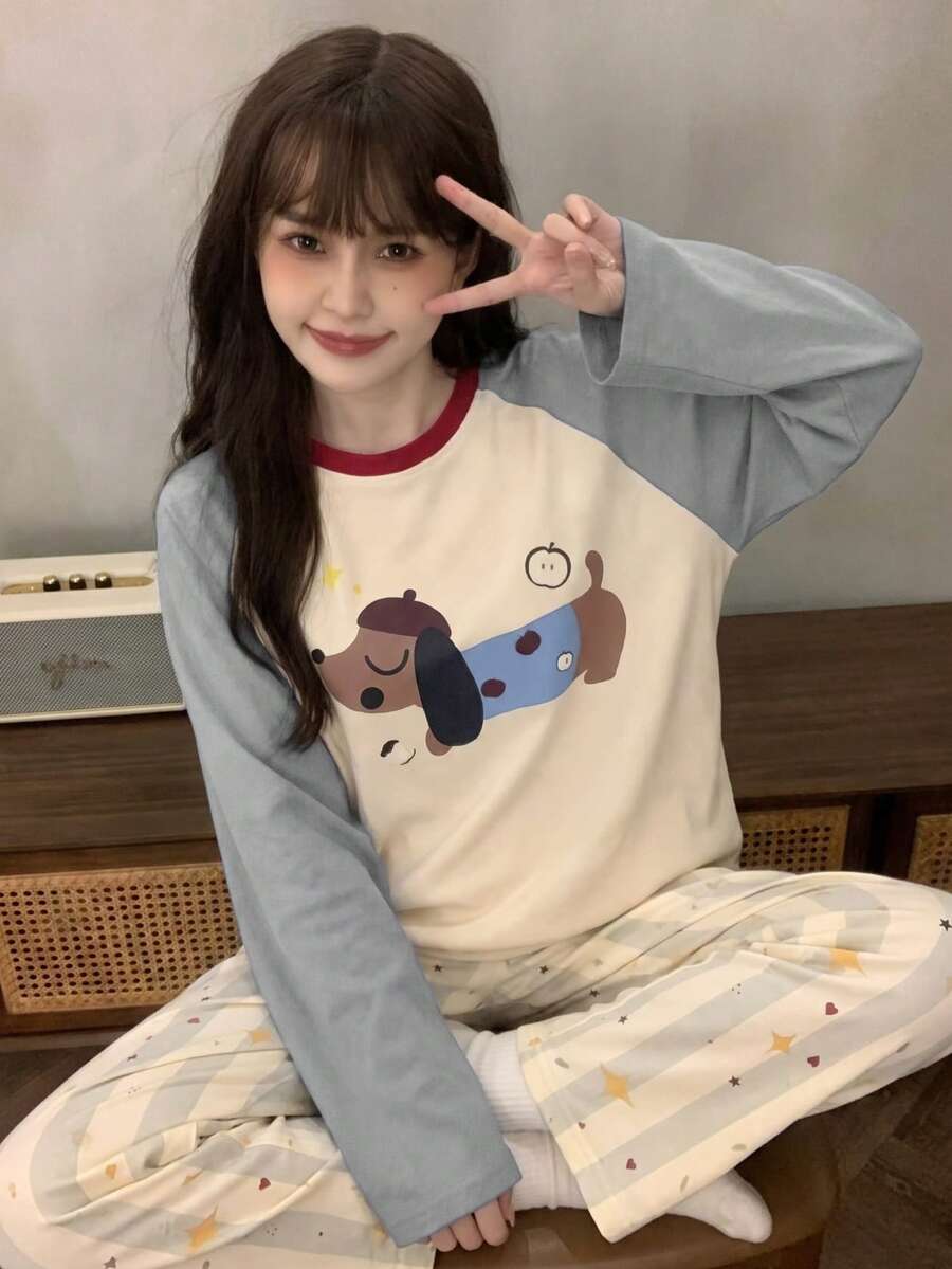2pcs Women's Pajama Set, Pullover Round Neck Puppy Print Cute Childlike Long Sleeve Pants, Comfortable For Home Wear - Multicolor - View 1