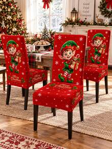 1pc Red Christmas Elf Dining Chair Cover, Cute Cartoon Elf Snowflake Merry Christmas Print, Stretch Spandex High Back Full Coverage Slipcover, Removable Washable Chair Protector For Kitchen Dining Room Holiday Party - Multicolor - View 4