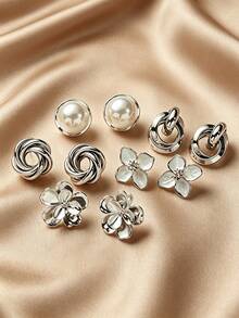 5 Pairs Silver Fashionable Elegant Personalized Exquisite Versatile High-End Design Geometric Round Twisted Rope Flower Faux Pearl Metal Stud Earrings Earring Set Suitable For Women Daily Holiday Commute Party Banquet Wear - Five-piece Set G - View 9