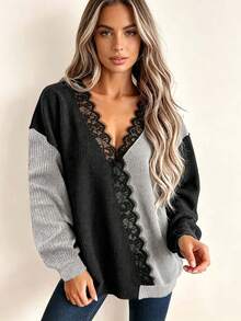 Plus Size Casual Fashion Contrast Color Lace Patchwork V-Neck Long Sleeve Knit Pullover Sweater - Dark Gray - View 2