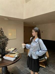 Casual Textured Contrast Design Blue Shirt Women Vintage Lantern Sleeve Turn Collar Blouse Autumn - Light Wash - View 2