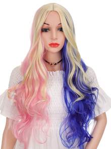 24 Inch Long Wavy Curly Multi-Color Blue, Pink, Gold Cosplay Wig With Side Bangs, Middle Part Synthetic Cosplay Wig For Halloween, Music Festival, Costume Party, Role Play ﻿ - Multicolor - View 4