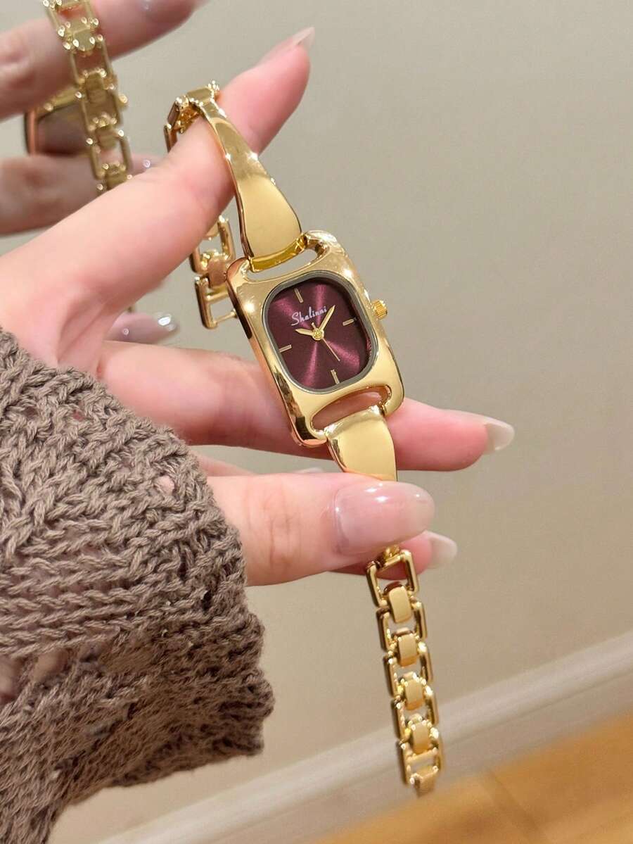 1件金色女款石英手錶,方形深紅色錶盤搭配手鍊式錶帶,適合日常佩戴 - 金色 - 查看 1